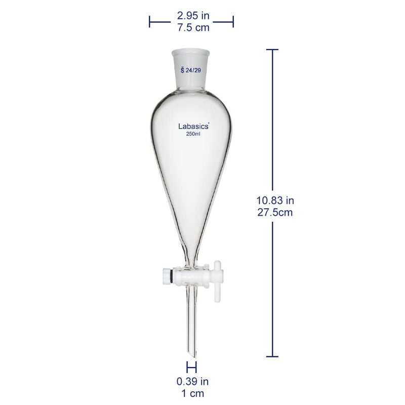 Labasics Conical Separatory Funnel, 250 ml Heavy Wall Borosilicate Glass Separating Funnel with 24/29 Joints and PTFE Stopcock - Image 2